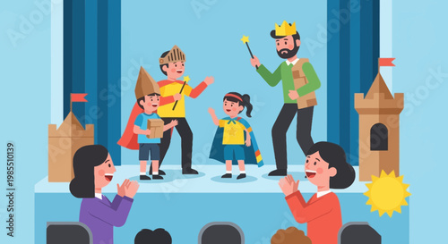 Children acting in homemade costumes on stage during a school play with audience clapping hands in vector illustration style