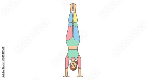 Colorful illustration of a woman in handstand yoga pose with vibrant pastel-colored leggings and top against a plain background