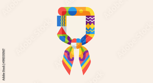 Colorful neckerchief illustration with geometric shapes; whimsical scarf design featuring circles triangles and wavy lines; vibrant and playful neckwear art