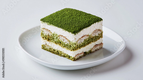 白い皿にのせた抹茶パウダーをまとったティラミス