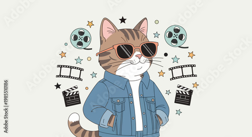 Cool tabby cat wearing sunglasses and denim jacket surrounded by film reels clapperboards and stars in a cartoon style illustration