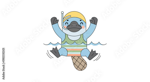 Cute cartoon platypus wearing swim cap and swimsuit floating in water with flippers up; vector illustration on white background