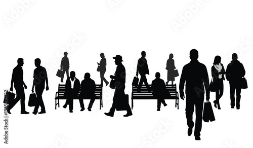 A bustling urban scene depicts people walking sitting and shopping along a city street shown as a striking silhouette high quality professional detailed modern