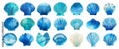 Set of various watercolor blue and turquoise seashells and conch shells creating a vibrant marine pattern, capturing the essence of ocean life and summer holidays