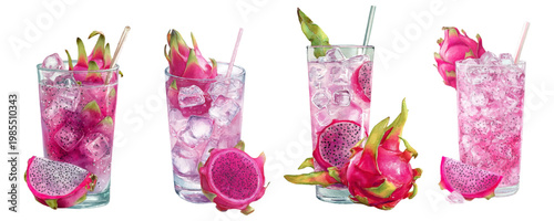 Dragon fruit cocktails featuring sliced pitaya, refreshing pink beverages with ice and straws, presented in various glasses, highlighting a healthy and tropical drink theme