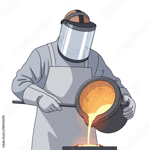 Foundry Worker Pouring Molten Metal with Protective Gear - Illustration