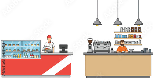 Bakery and Coffee Shop Counter Illustration with Barista and Food Display for Café Business, Retail Service, and Urban Lifestyle Concepts