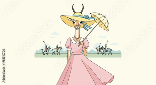 Elegant gazelle in pink dress sun hat and parasol at polo match illustration; whimsical animal character with vintage style