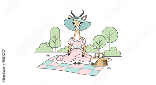 Elegant gazelle at outdoor picnic wearing a pastel dress and hat on a checkered blanket in cartoon style with trees in background