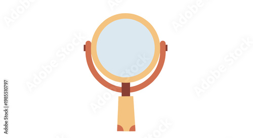 Elegant vanity mirror illustration with reflection tan stand and light blue glass for beauty and personal care isolated on white