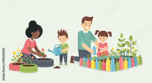 Family gardening together with recycled tires and plastic bottle garden bed illustration in vector art style for environmental concept