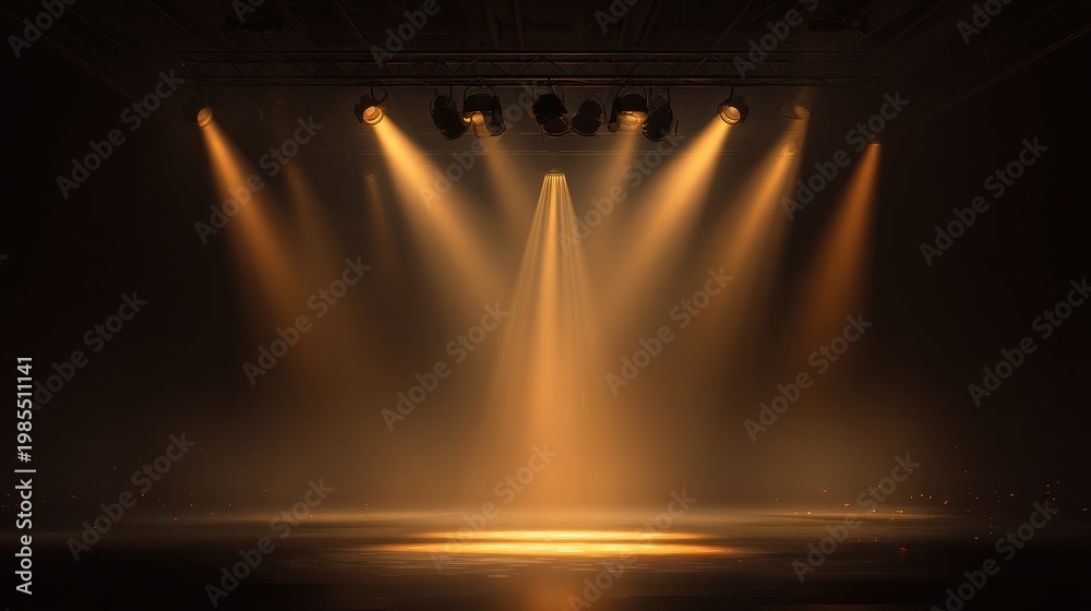 Obraz premium Cinematic Stage Lighting Study: Gold Beams and Minimal Set in a Theater Mock-Up