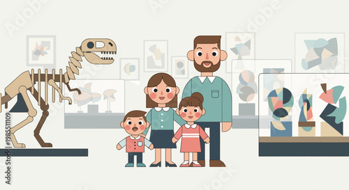Family visiting art museum with dinosaur skeleton and abstract sculptures illustration in cartoon style with pastel colors