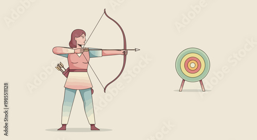 Archer aiming at target in cartoon style illustration with bow and arrow set against a tan background preparing to shoot for archery sports