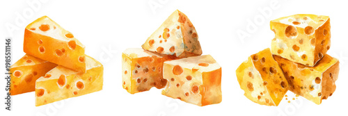 Cheese pieces in creative watercolor illustration style, showing dairy food blocks with characteristic holes on a white background, useful for food concepts
