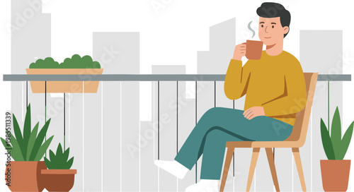 Man sitting on balcony with plants and coffee cup in cityscape