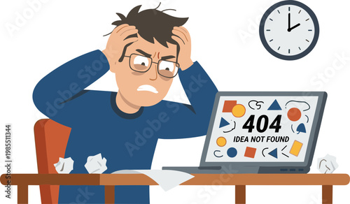Man sitting at desk frustrated with laptop showing 404 error