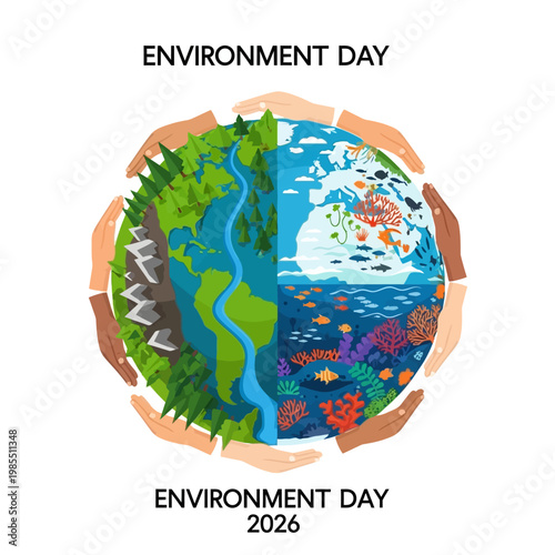 Planet Earth protected by diverse hands, showcasing land and ocean ecosystems for Environment Day.