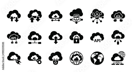 Cloud computing and api icons featuring data integration connectivity and global network in black and white vector style for technology and digital communication