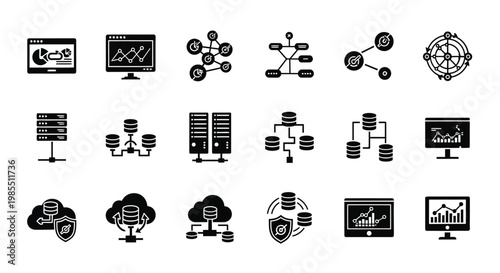 Black and white icons representing technology data analytics cloud computing and networking concepts including servers databases and global connectivity symbols