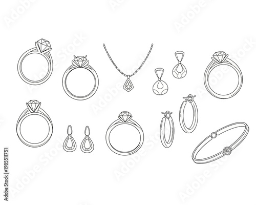 Elegant collection of jewelry pieces including diamond engagement rings, gold necklaces, stylish earrings and a delicate simple wrist charm bracelet