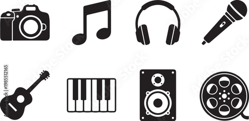 Music, audio, and video icons, black vector set, 8 elements, sound and film symbols