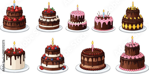 Birthday Cake Collection Set with Chocolate Strawberry Cream Celebration Desserts Isolated on White Background Vector Illustration