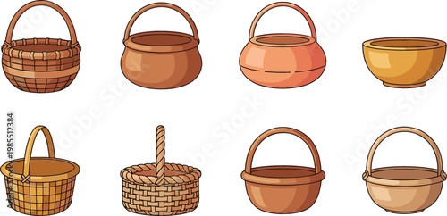 Basket Collection Set with Wicker Wooden Containers and Rustic Storage Bowls Isolated on White Background Vector Illustration