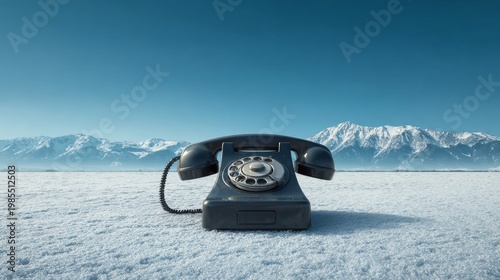Wallpaper Mural Vintage black phone in snowy field, blue sky and mountains, surreal communication concept Torontodigital.ca