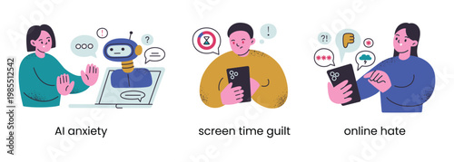 Modern digital problems scene set with textured flat cartoon characters using phone and laptop. AI anxiety, screen time guilt, online hate, social media stress, technology overload vector illustration