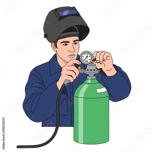 Welder adjusting gas cylinder regulator for industrial work