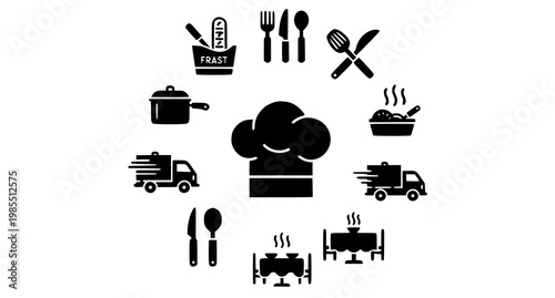 Culinary icons collection utensils chef's hat and food delivery services
