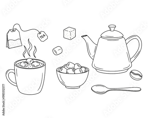 This minimalist vector illustration features a classic teapot a steaming tea cup tea bags and sweet sugar cubes for design