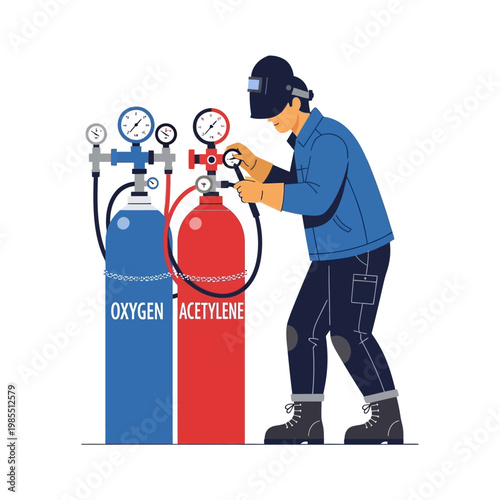 Welder Adjusting Oxygen Acetylene Tanks with Pressure Gauges - Industrial Work