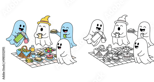  Cute Ghosts Picnic Party with Food and Drinks Cartoon Vector Illustration Set, Including a Black and White Line Art Coloring Page for Kids Halloween Activity Book