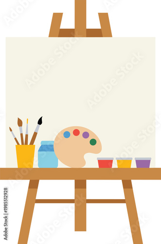 Artist workspace with blank canvas on easel, paint brushes and palette, creative studio vector illustration