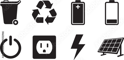 Eco friendly icons, sustainable energy symbols, solar panel, battery, recycling, vector graphics