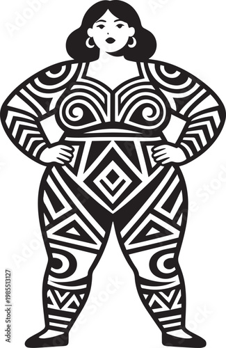 Full body vector illustration of a confident, tattooed woman with bold geometric patterns, standing with hands on hips. Flat design