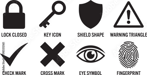 Security icons, safety symbols, lock and shield shapes, warning signs, vector graphics