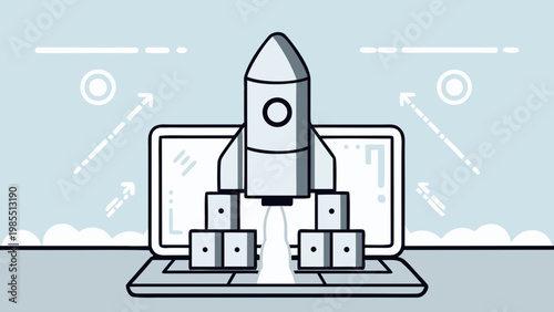 Flat illustration of rocket launching from laptop with cubes on blue background with graphs