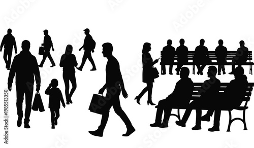 A collection of black silhouettes depicting people walking sitting and interacting in a public space showcasing everyday life silhouette high quality professional detailed modern