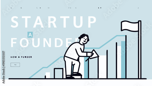 Minimalist vector illustration of a startup founder climbing a growth graph with a flag on a light blue background