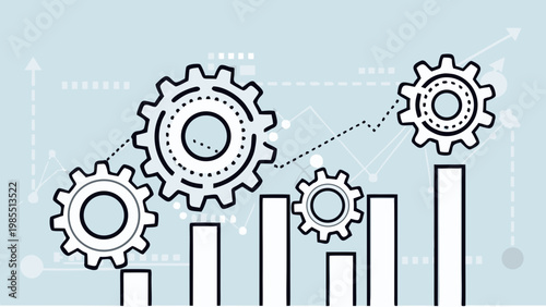 Minimalist black and white illustration of interlocking gears and bars on a light blue background with graphs