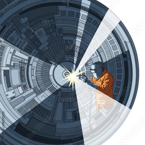 Welder working on futuristic circular machinery with bright sparks