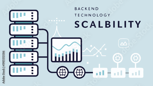 Scalability concept with servers and data transfer on a light blue background for backend technology