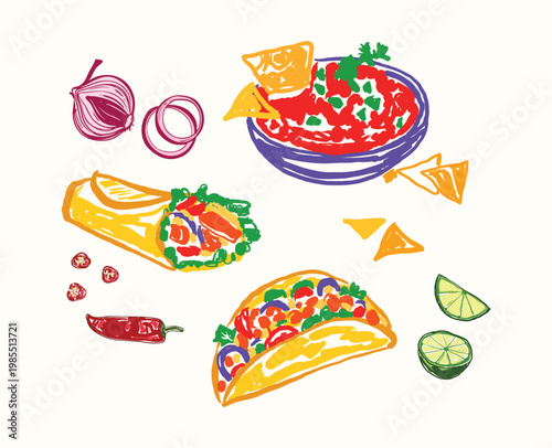 Mexican Food Set - Nachos, Salsa, Burrito, and Tacos Collection