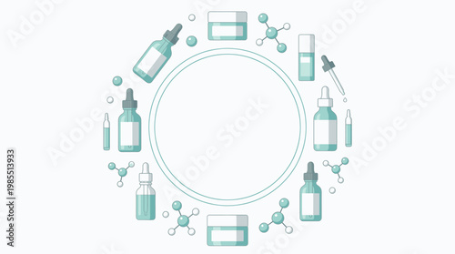 Skincare Science Illustration with Molecular Structures and Product Bottles