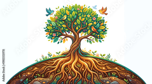 Tree with roots and colorful leaves.