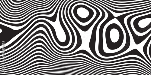 Vector optical illusion featuring swirling black and white lines creating a distorted visual effect with crisp lines and scalable wave pattern, eps10
