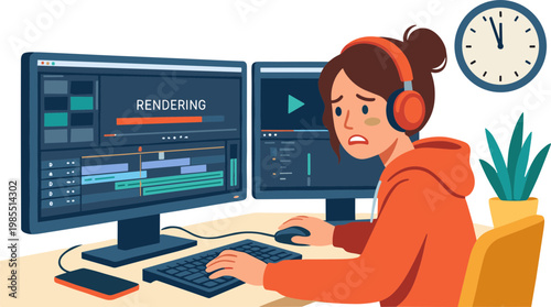 A woman edits video on computers while wearing headphones at a desk.